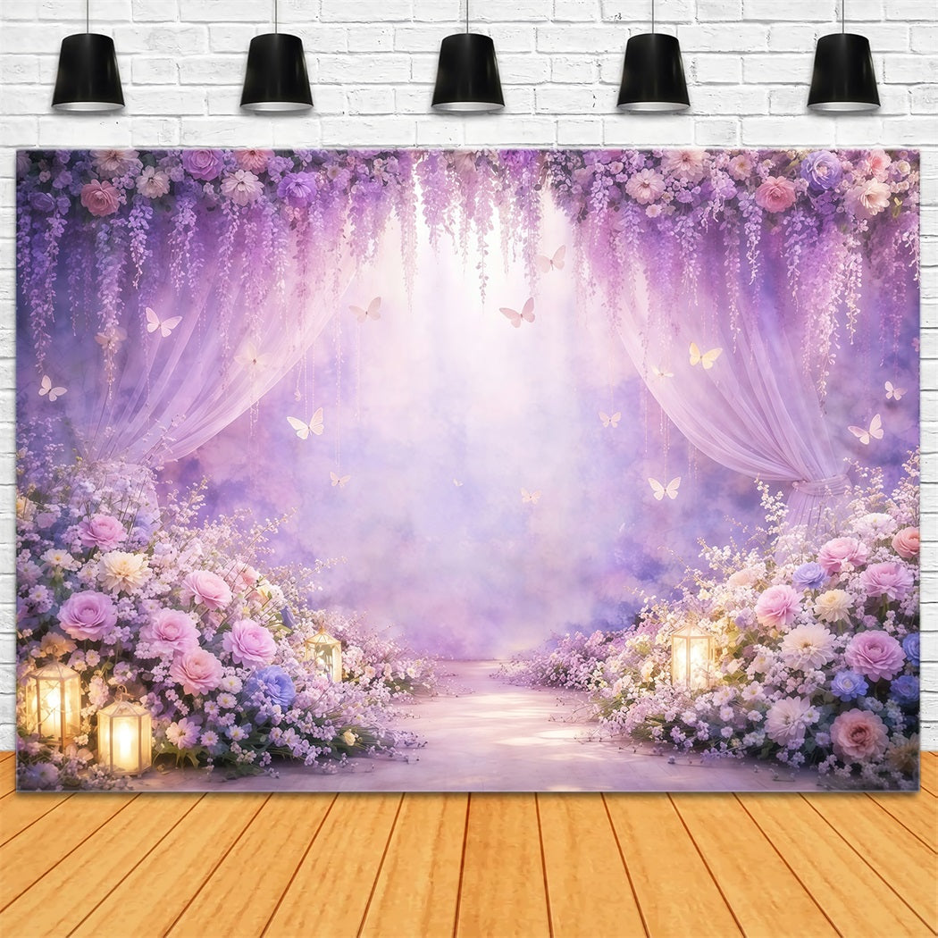 Butterfly Photo Backdrop Lavender Floral Purple Drape Spring Photo Backdrops UK LXX61-158