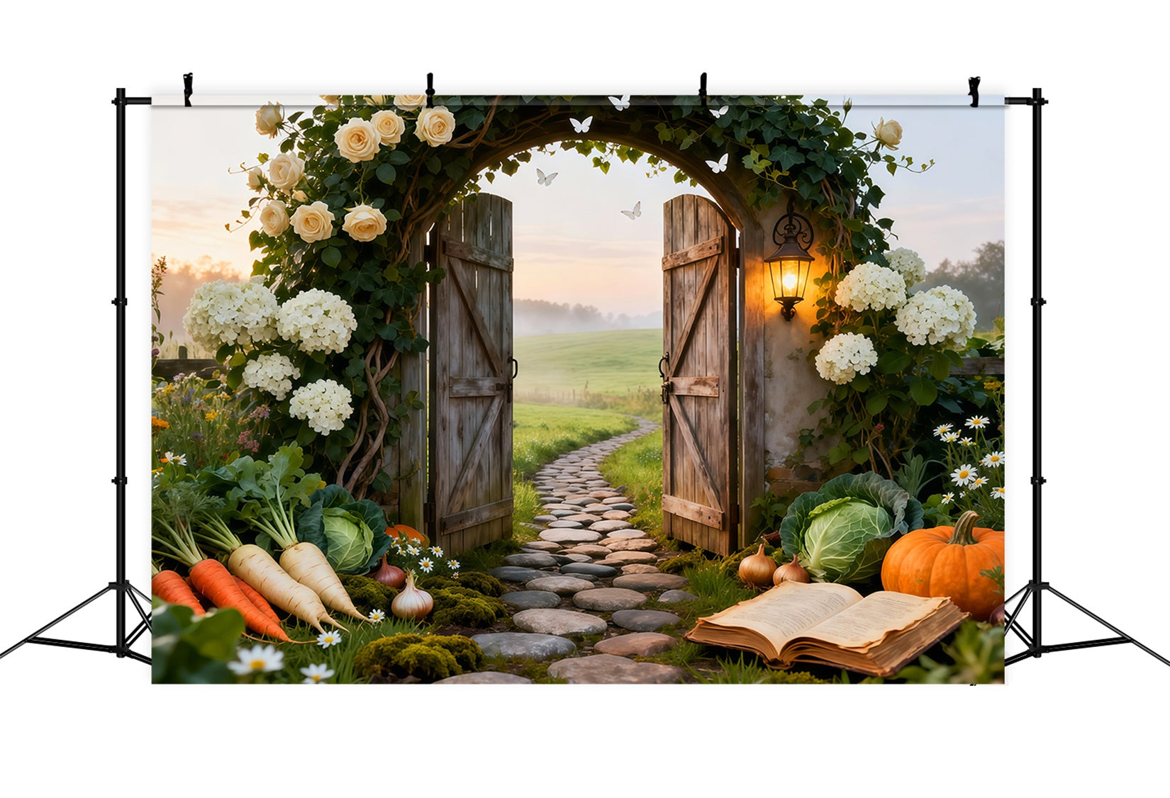 Garden Backdrop For Photoshoot Rustic Farm Gate Sunrise Meadow Spring Backdrop For Pictures UK LXX61-164