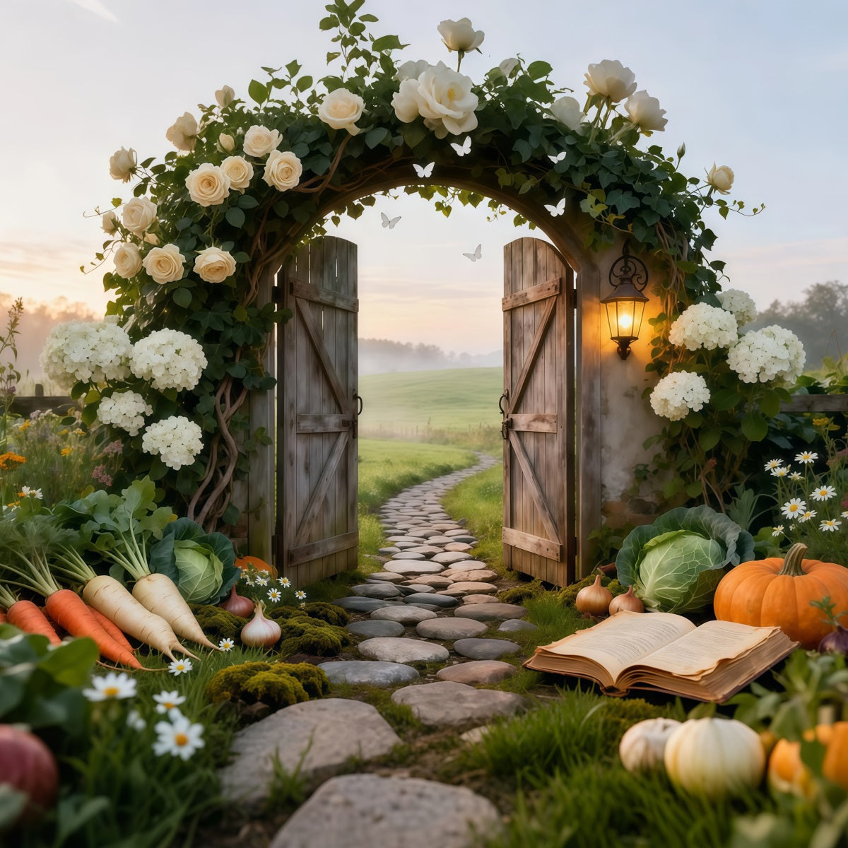 Garden Backdrop For Photoshoot Rustic Farm Gate Sunrise Meadow Spring Backdrop For Pictures UK LXX61-164