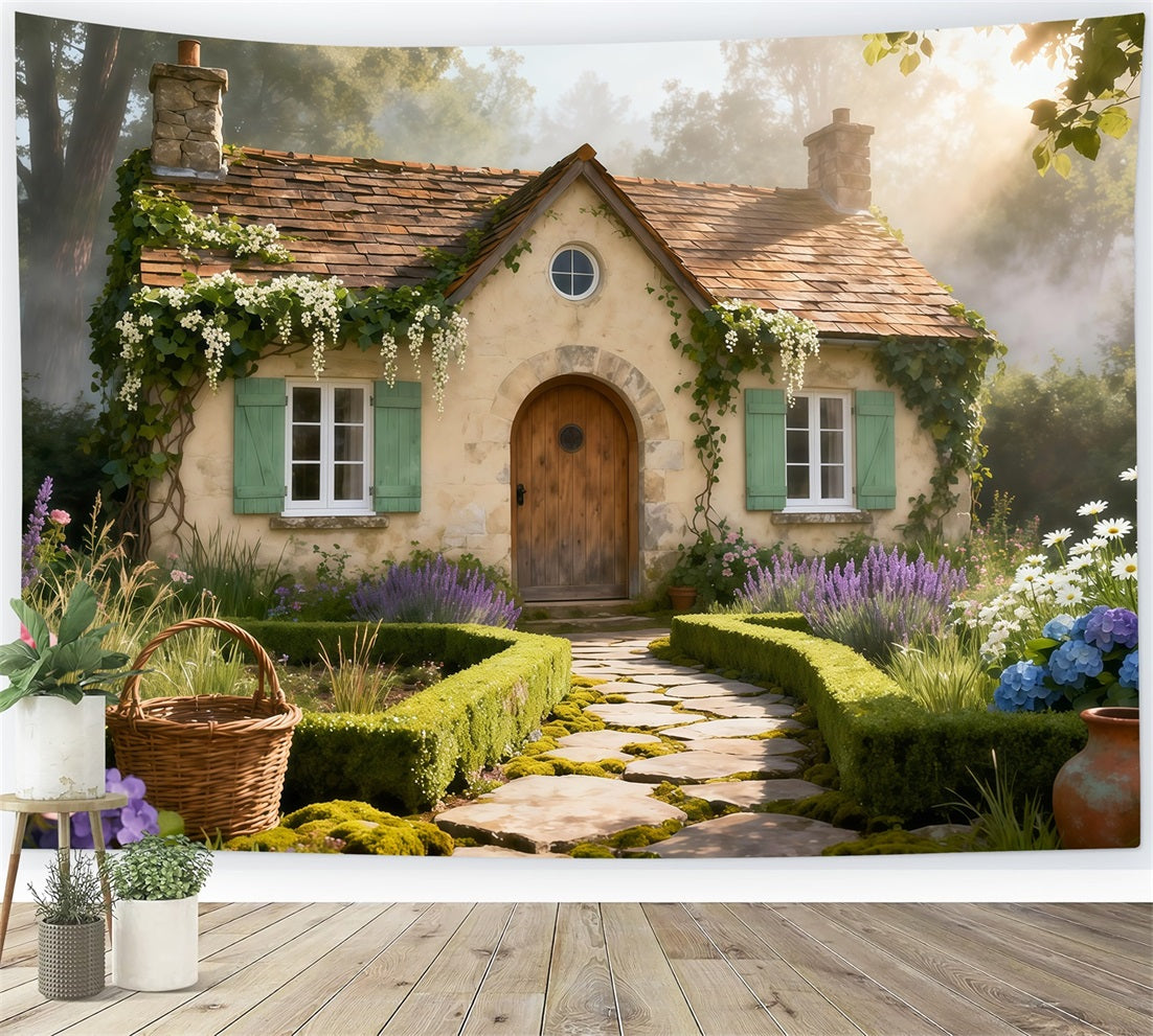 English Garden Backdrop Rustic Cottage Stone Path Spring Photography Backdrop UK LXX61-168
