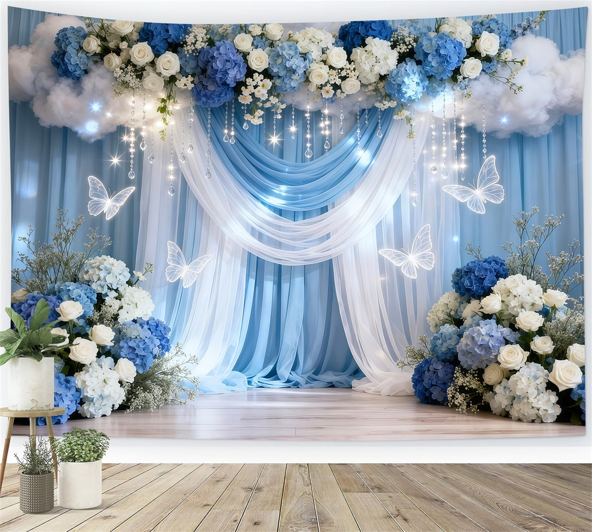 Butterflies Backdrop Blue White Drape Cloud Flower Springtime Backdrop UK LXX61-169