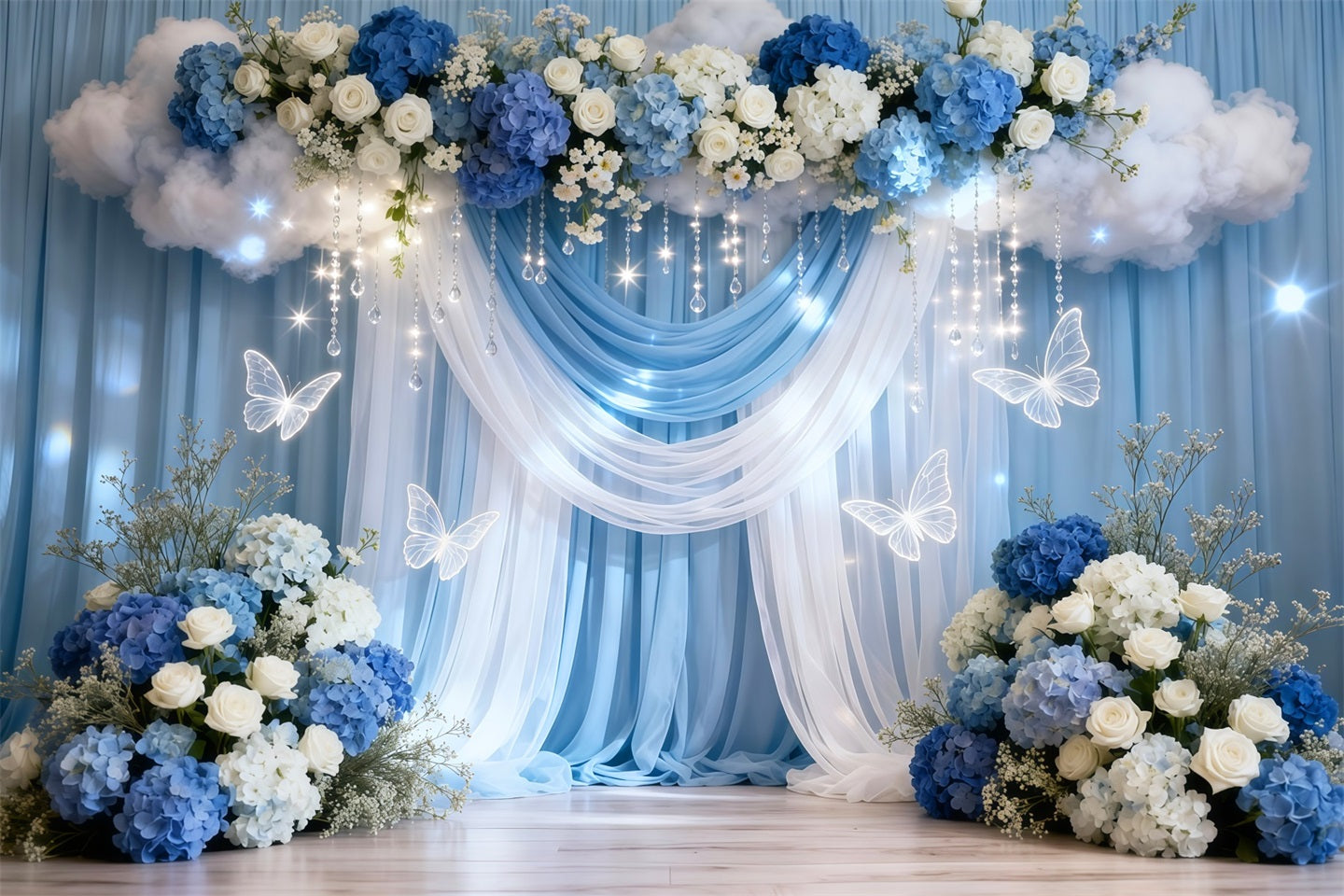Butterflies Backdrop Blue White Drape Cloud Flower Springtime Backdrop UK LXX61-169