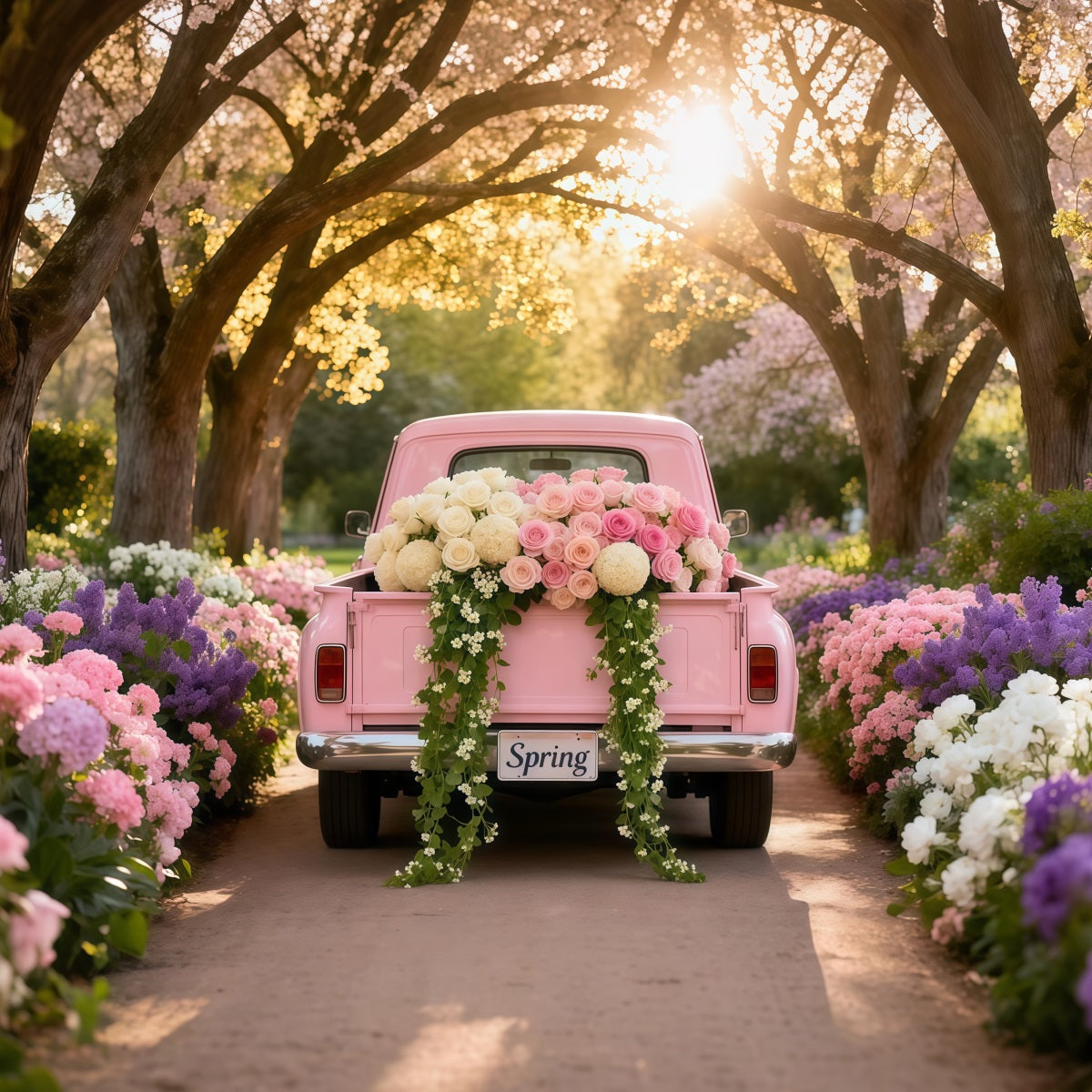Garden Backdrop Ideas Blossom Tunnel Pink Vintage Truck Photo Backdrop Spring UK LXX61-170