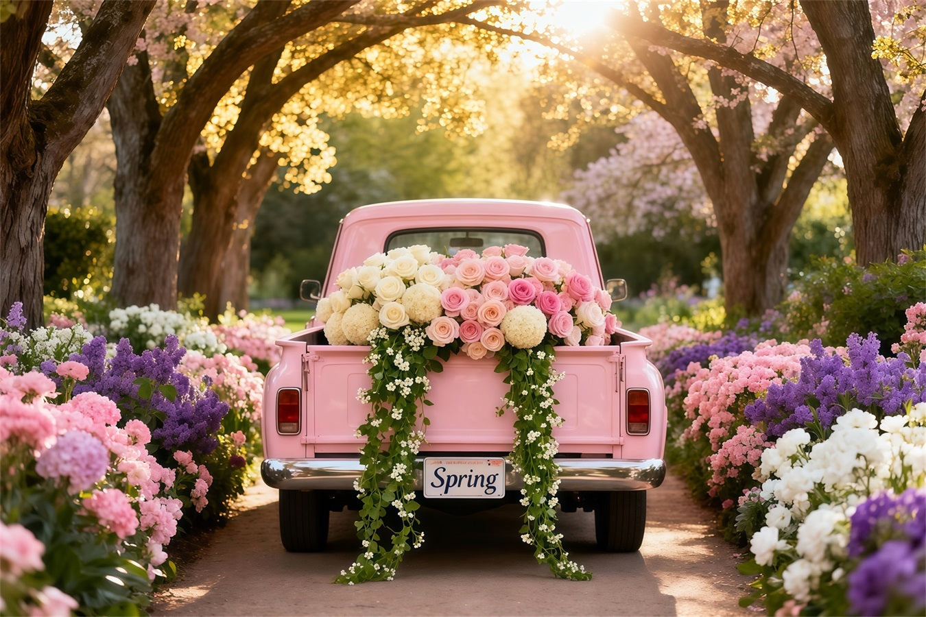 Garden Backdrop Ideas Blossom Tunnel Pink Vintage Truck Photo Backdrop Spring UK LXX61-170