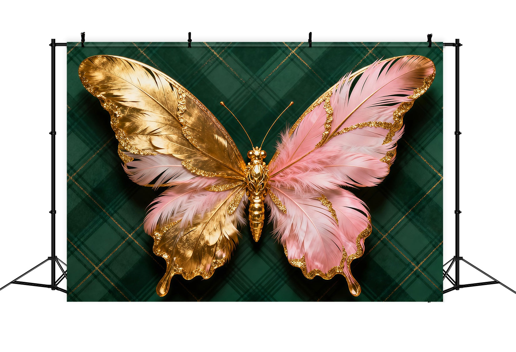 Butterfly Wings Backdrop Golden Pink Feather Emblem Spring Picture Backdrop UK LXX61-174