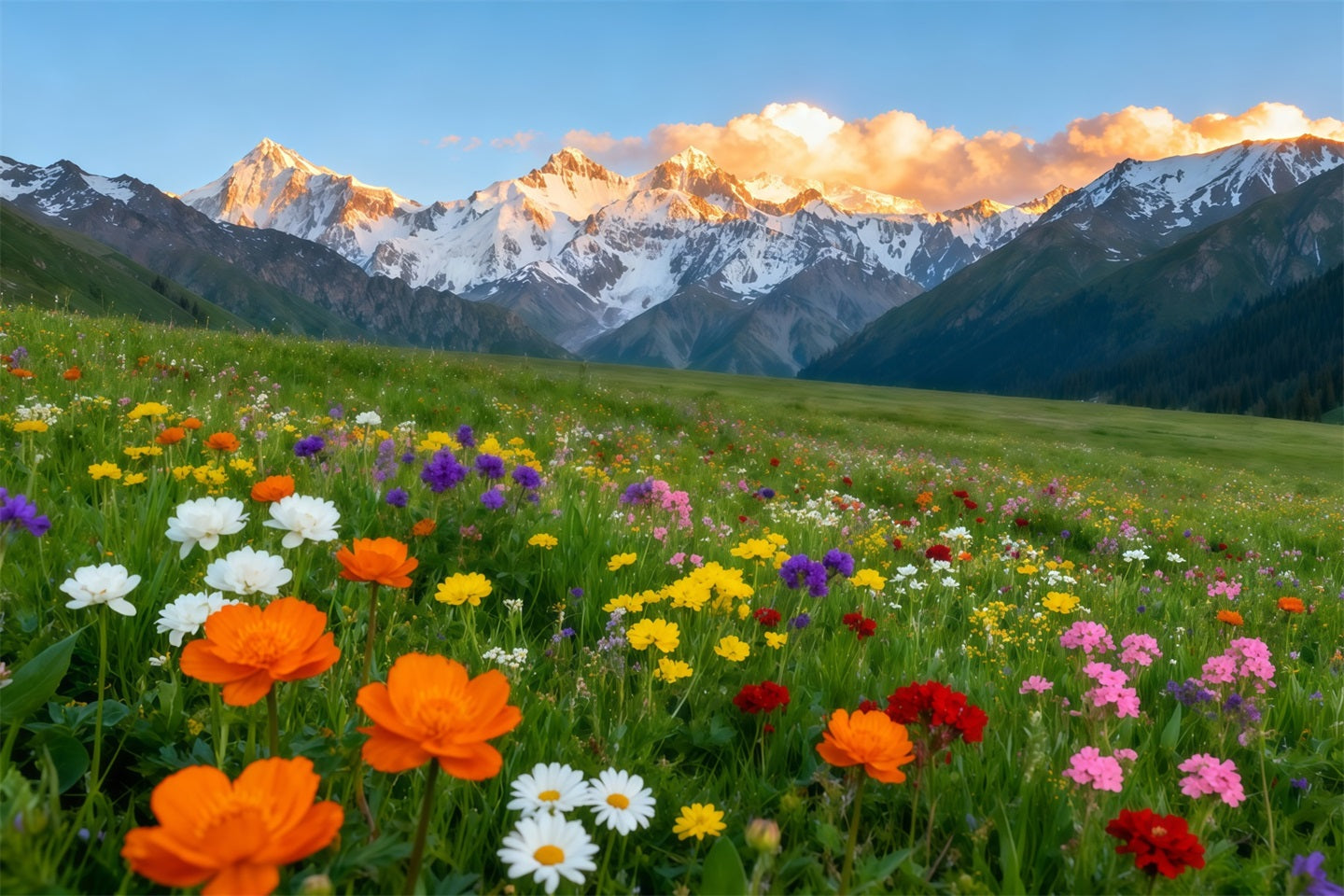 Wildflower Backdrop Alpine Mountain Valley Flower Field Floral Photo Backdrop UK LXX61-178
