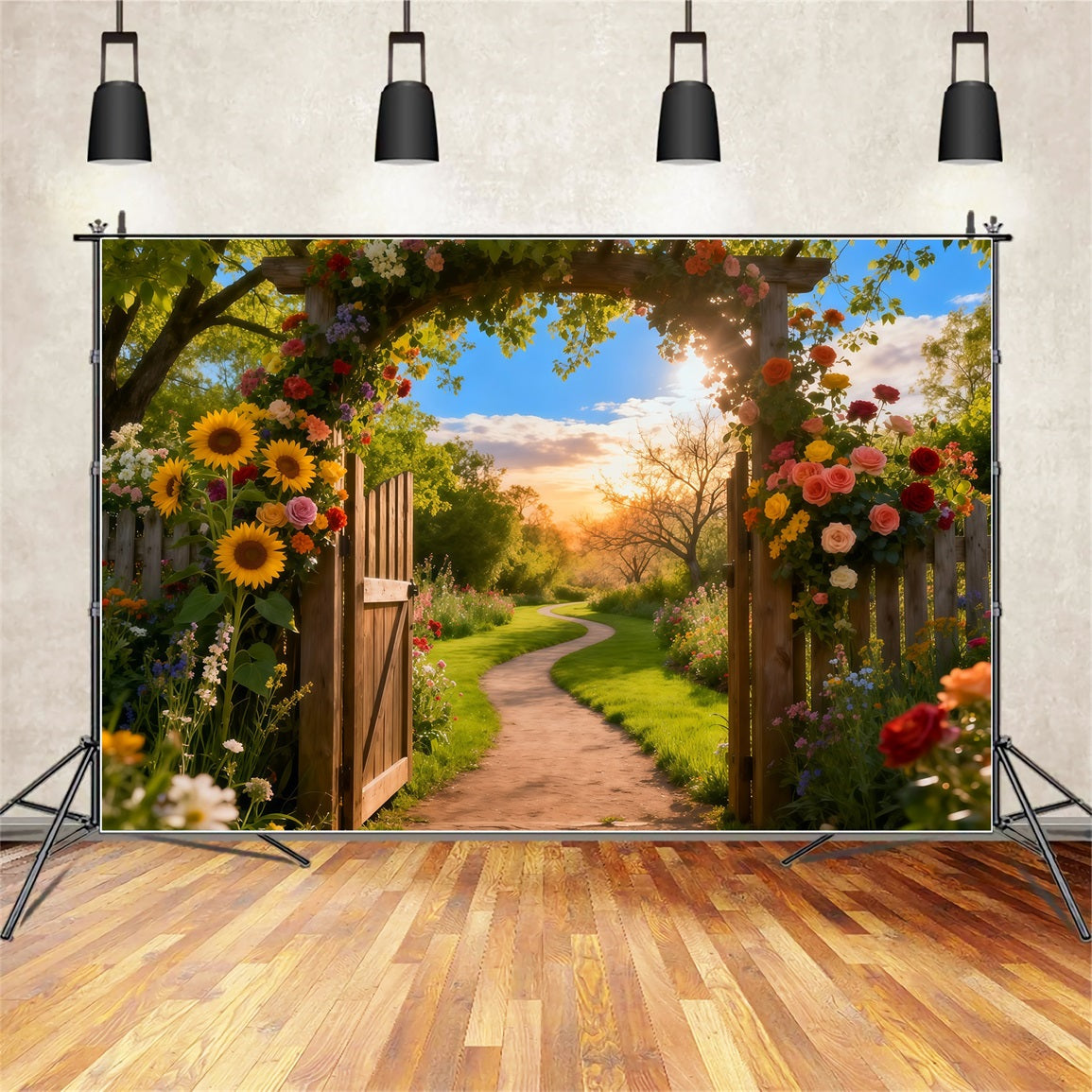Garden Photo Backdrop Sunset Rustic Arch Door Pathway Floral Backdrops UK LXX61-180