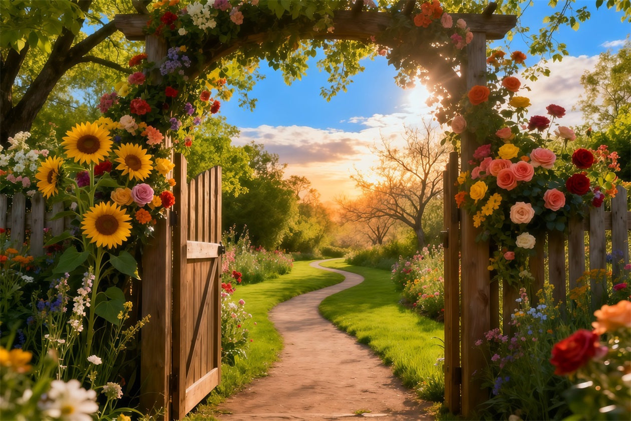 Garden Photo Backdrop Sunset Rustic Arch Door Pathway Floral Backdrops UK LXX61-180