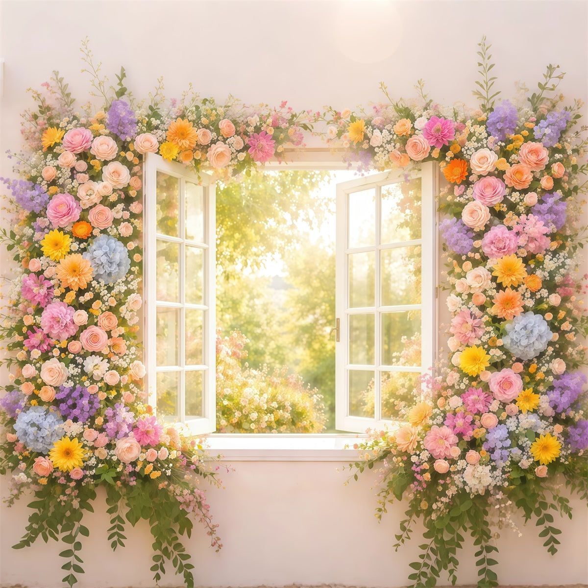 Wildflower Photo Backdrop Window Sunlit Garden Glow Floral Backdrops For Photography UK LXX61-183