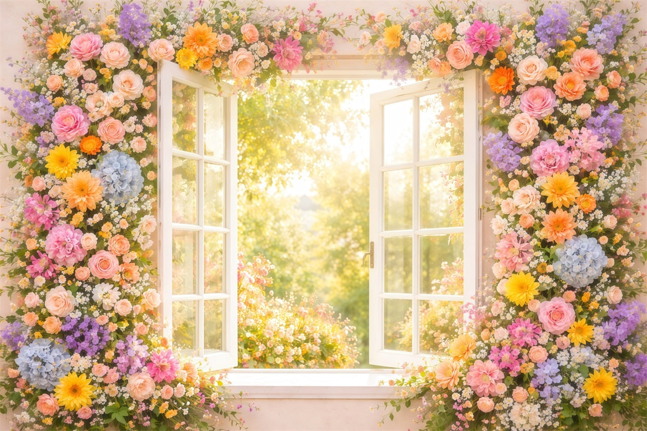 Wildflower Photo Backdrop Window Sunlit Garden Glow Floral Backdrops For Photography UK LXX61-183