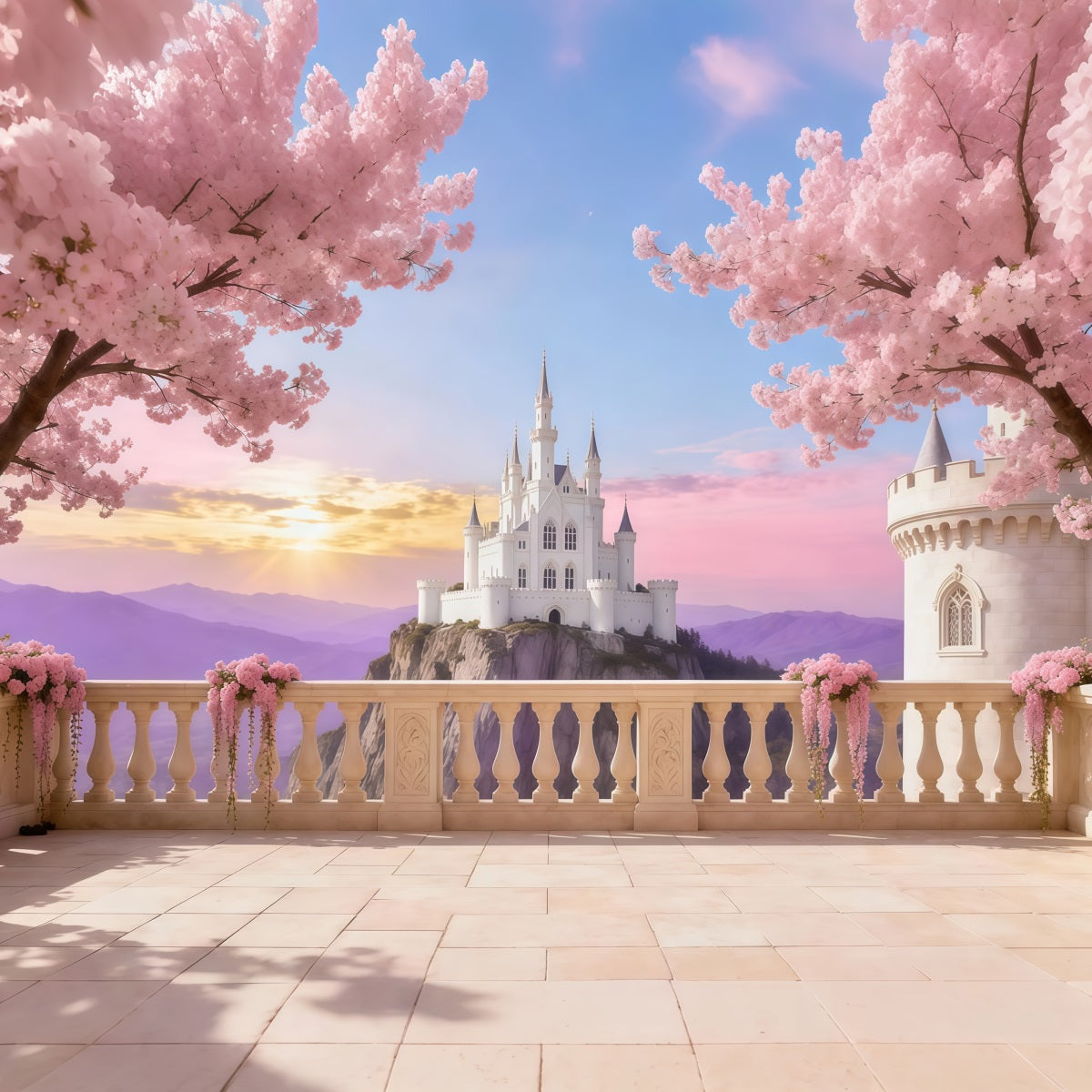 Cherry Blossom Photo Backdrop Castle Sunrise Terrace Floral Backdrop For Photography UK LXX61-191