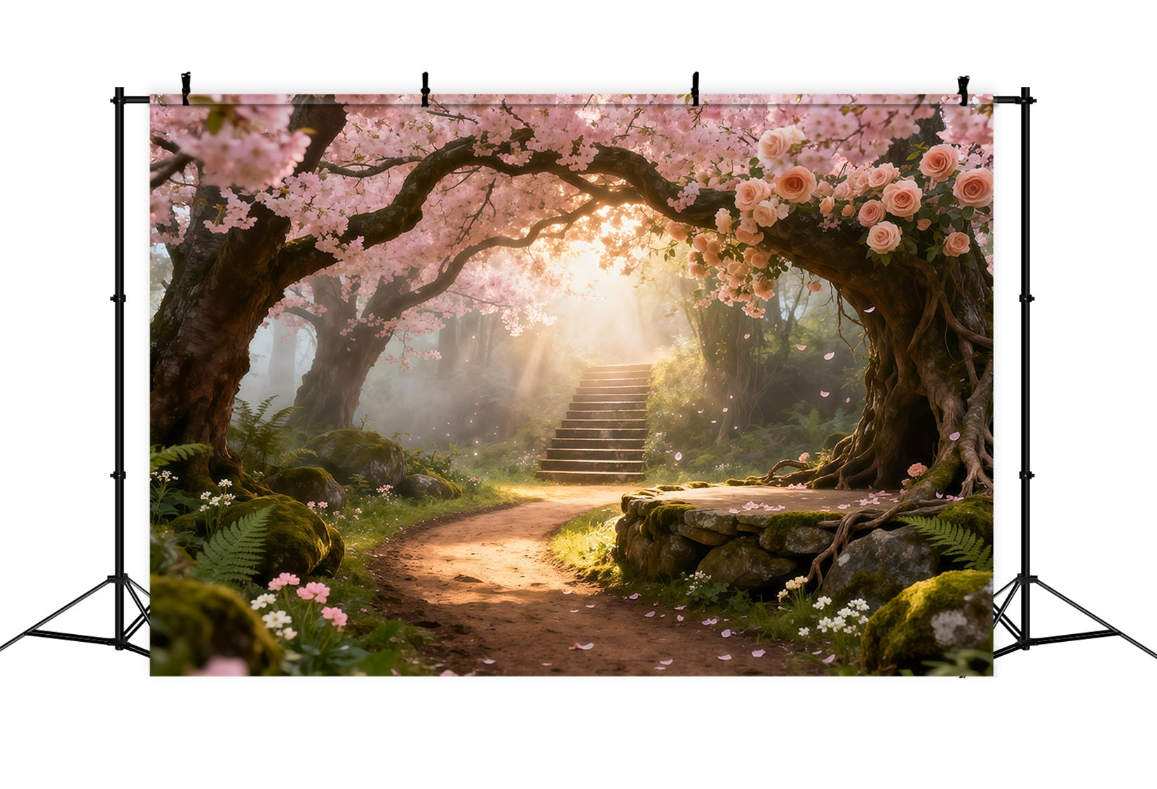 Cherry Blossom Photo Backdrop Flower Archway Sunlit Path Floral Backdrop For Photography UK LXX61-192