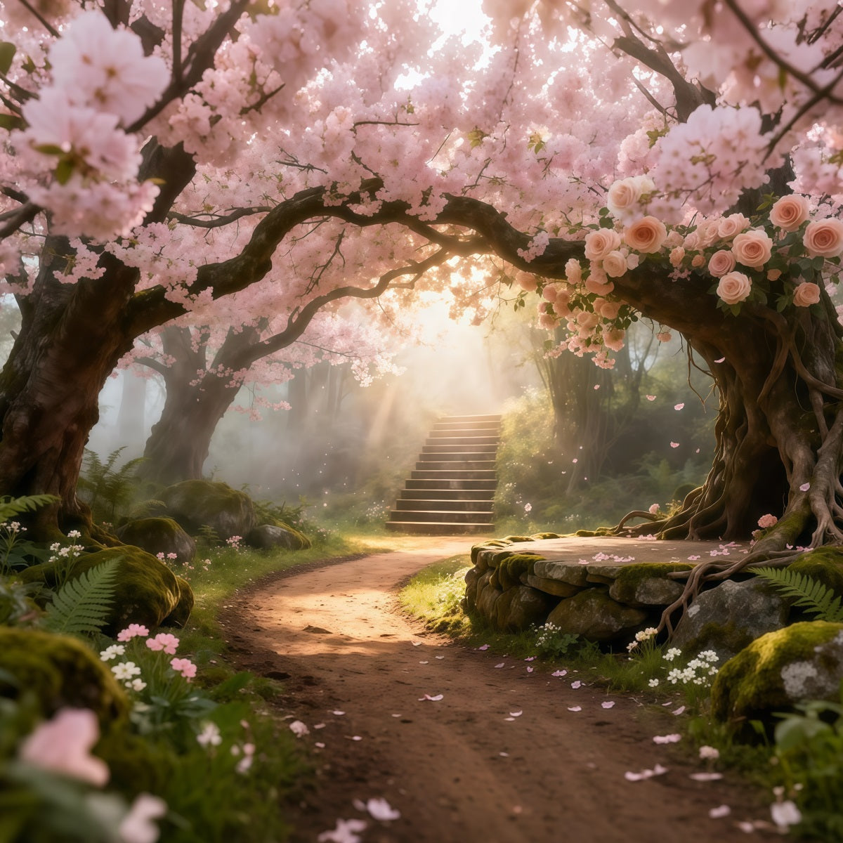 Cherry Blossom Photo Backdrop Flower Archway Sunlit Path Floral Backdrop For Photography UK LXX61-192