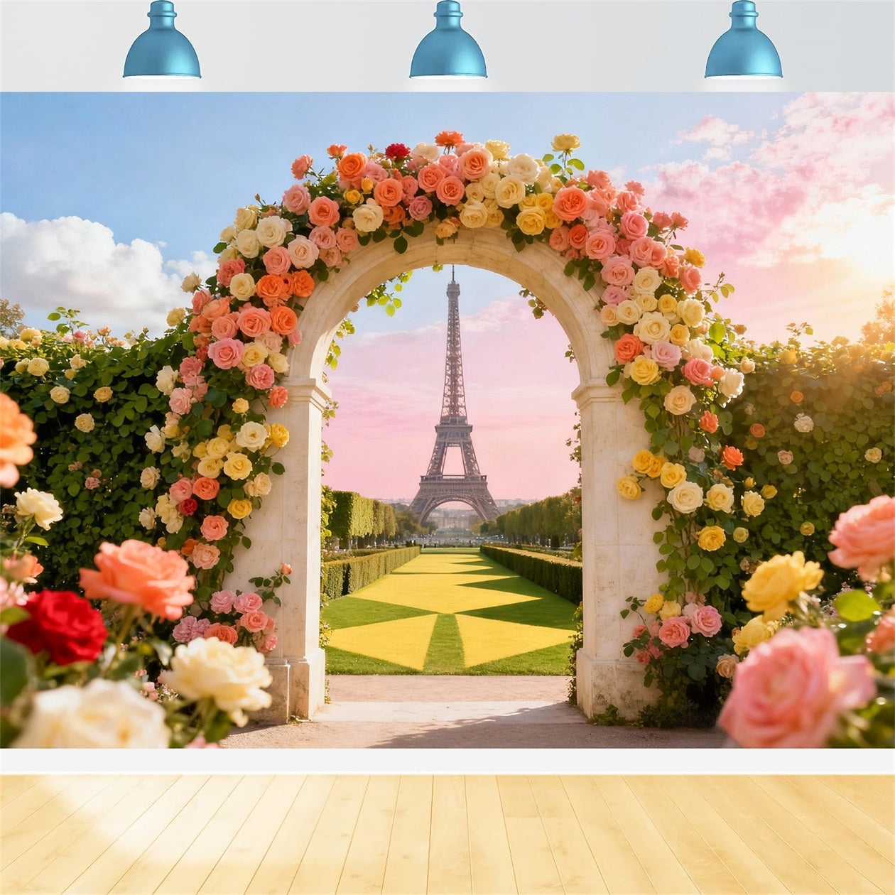 Rose Garden Backdrop Eiffel Tower Arch Door View Photo Backdrop Floral UK LXX61-193