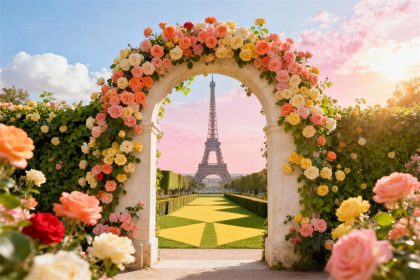 Rose Garden Backdrop Eiffel Tower Arch Door View Photo Backdrop Floral UK LXX61-193