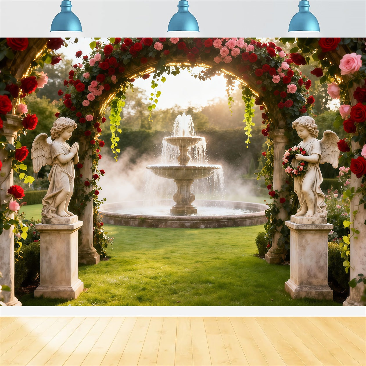 Rose Garden Backdrop Angel Fountain Flower Arch Photo Backdrop Floral UK LXX61-194