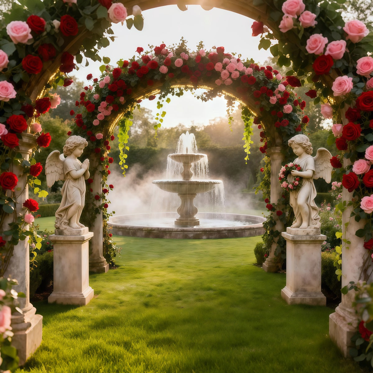 Rose Garden Backdrop Angel Fountain Flower Arch Photo Backdrop Floral UK LXX61-194