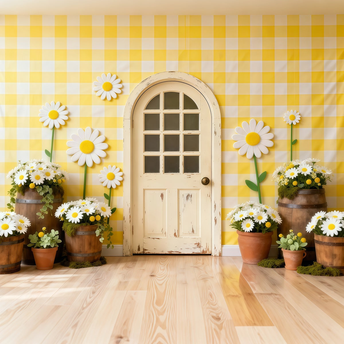 Daisy Backdrop Gingham Cottage Door Flower Wall Floral Garland Backdrop UK LXX61-198
