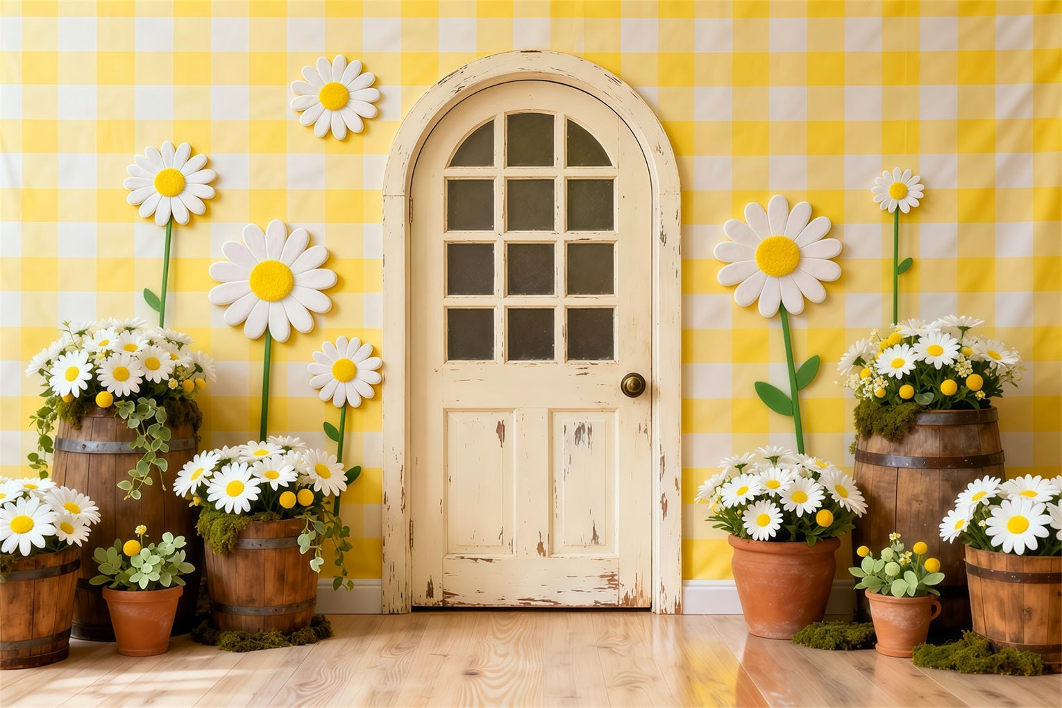 Daisy Backdrop Gingham Cottage Door Flower Wall Floral Garland Backdrop UK LXX61-198