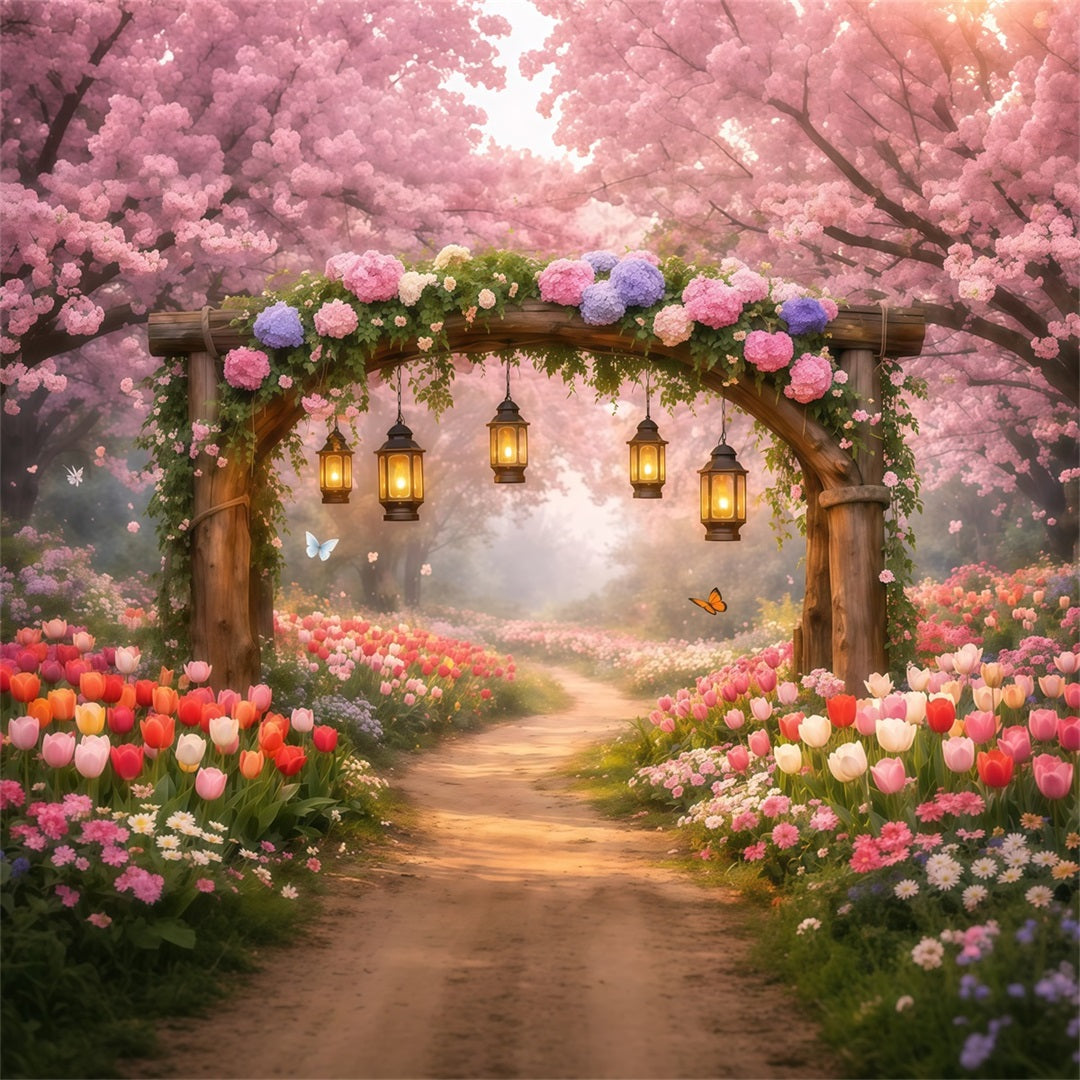 Cherry Blossom Backdrops Lantern Garden Pink Flower Path Backdrop Floral UK LXX61-202