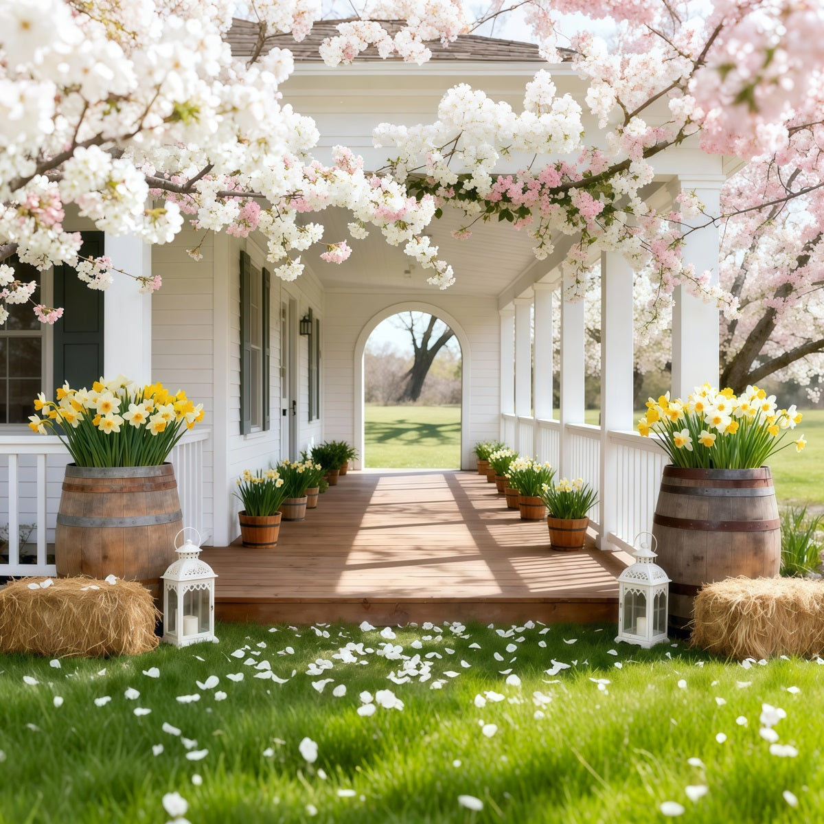Daffodil Backdrop Cherry Blossom Porch Walkway Floral Backdrop For Photos UK LXX61-203