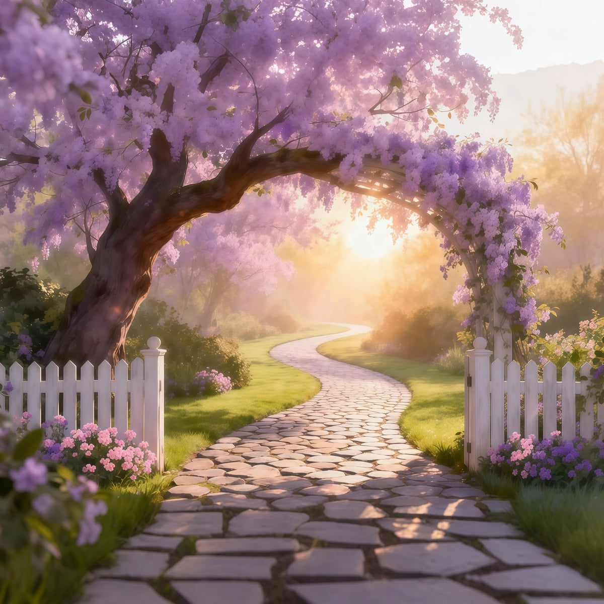 Spring Flower Backdrop Wisteria Arch Sunlit Path Floral Garden Backdrop UK LXX61-205