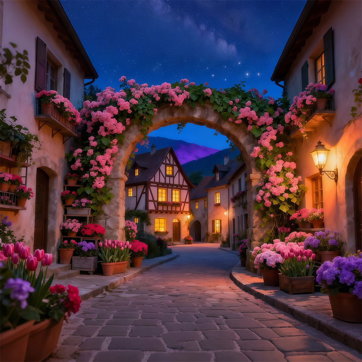 Enchanted Garden Photo Backdrop Twilight Village Flower Arch Floral Fabric Backdrop UK LXX61-210