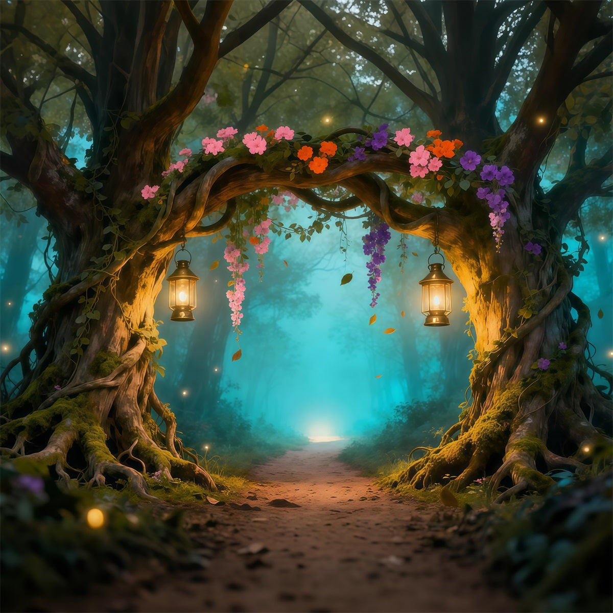 Enchanted Garden Photo Backdrop Enchanted Forest Lantern Arch Floral Fabric Backdrop UK LXX61-211