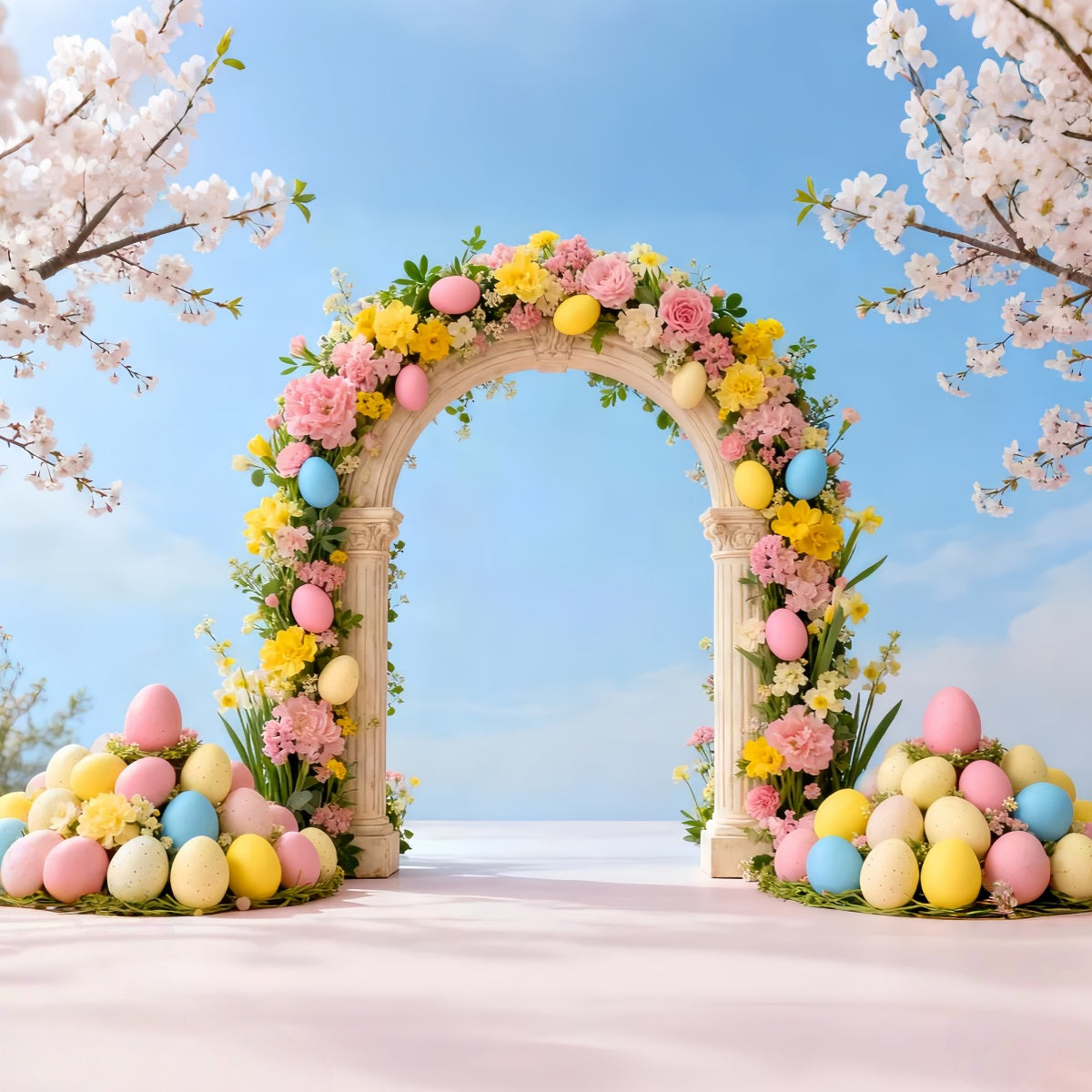 Easter Egg Backdrop Spring Cherry Floral Archway Photography Backdrops Easter UK LXX61-36
