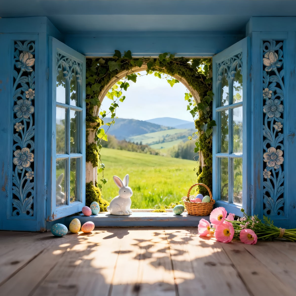 Bunny Photo Backdrop Sunlit Meadow Window Eggs Photo Booth Easter Backdrop Ideas UK LXX61-39