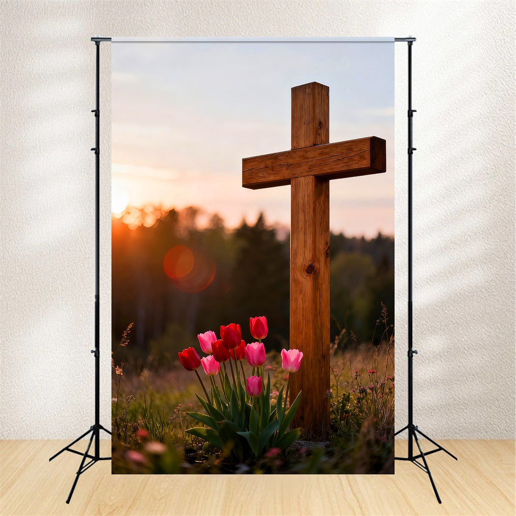 Christian Easter Backdrops Wooden Cross Tulip Meadow Outdoor Easter Photo Backdrops UK LXX61-43