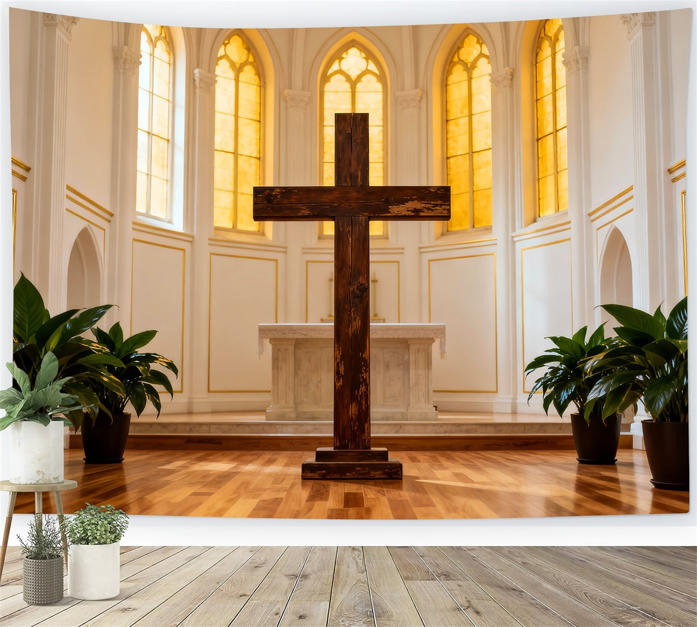 Church Easter Backdrop Golden Cathedral Cross Sanctuary Easter Backdrop 10x10 UK LXX61-45