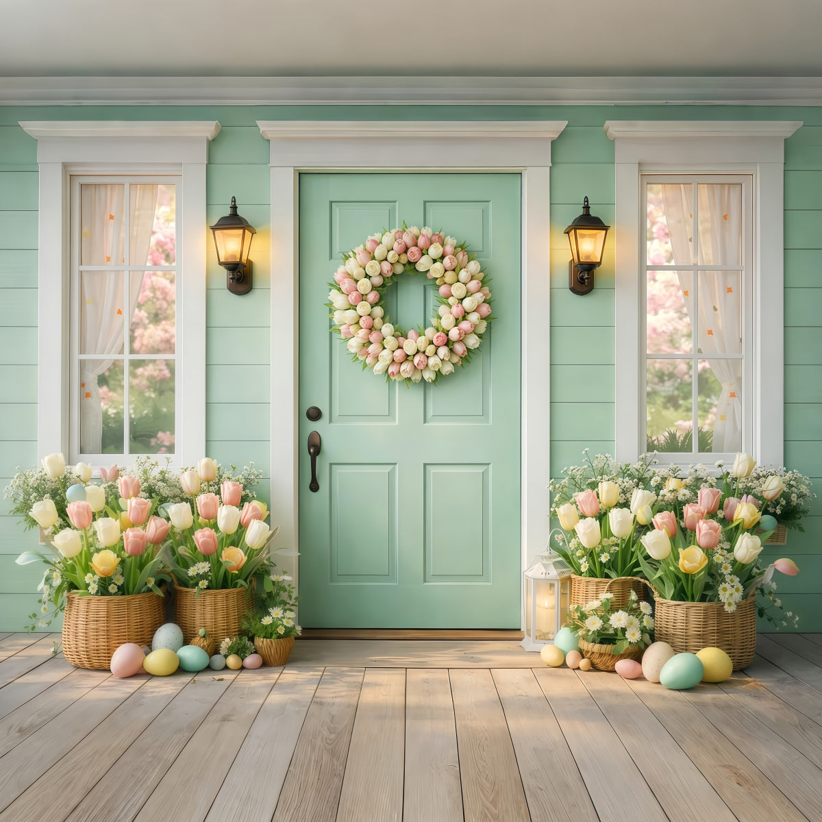 Easter Sunday Backdrops Mint Door Tulip Wreath Porch Photography Easter Photo Backdrop UK LXX61-56