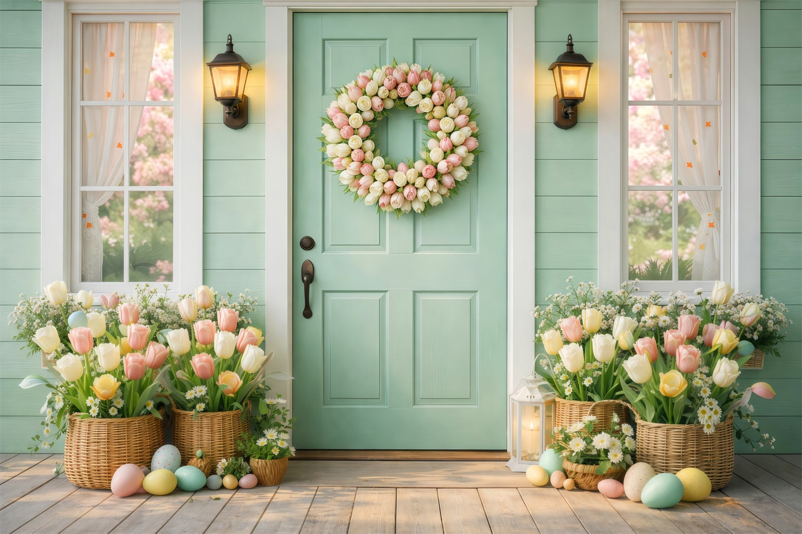 Easter Sunday Backdrops Mint Door Tulip Wreath Porch Photography Easter Photo Backdrop UK LXX61-56