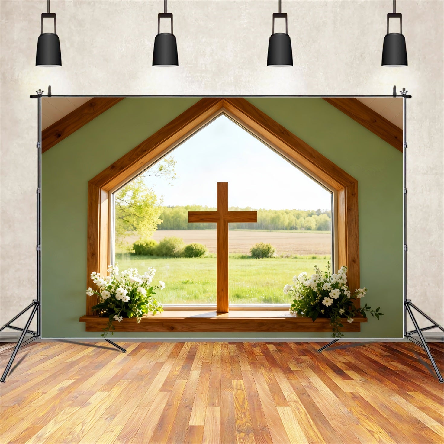 Easter Church Backdrops Sunlit Meadow Window Cross Large Easter Backdrop UK LXX61-57