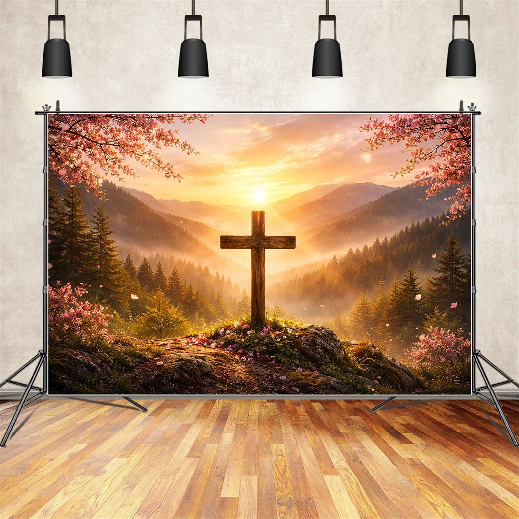 Christian Easter Photo Backdrop Mountain Sunrise Cross Glory Simple Easter Backdrop Ideas UK LXX61-60