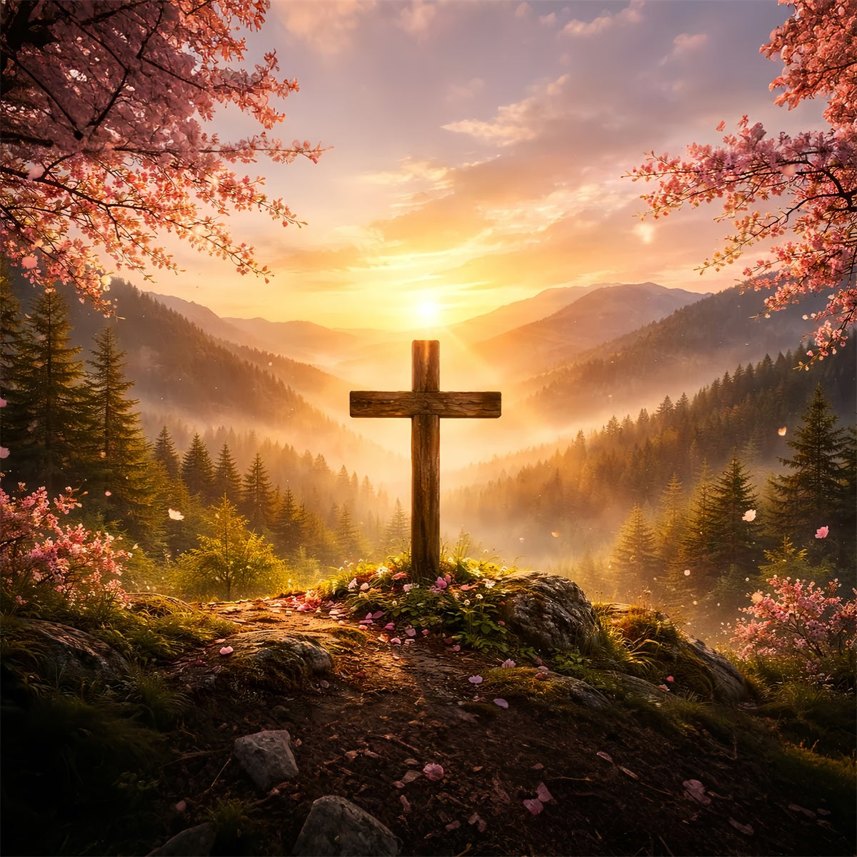 Christian Easter Photo Backdrop Mountain Sunrise Cross Glory Simple Easter Backdrop Ideas UK LXX61-60