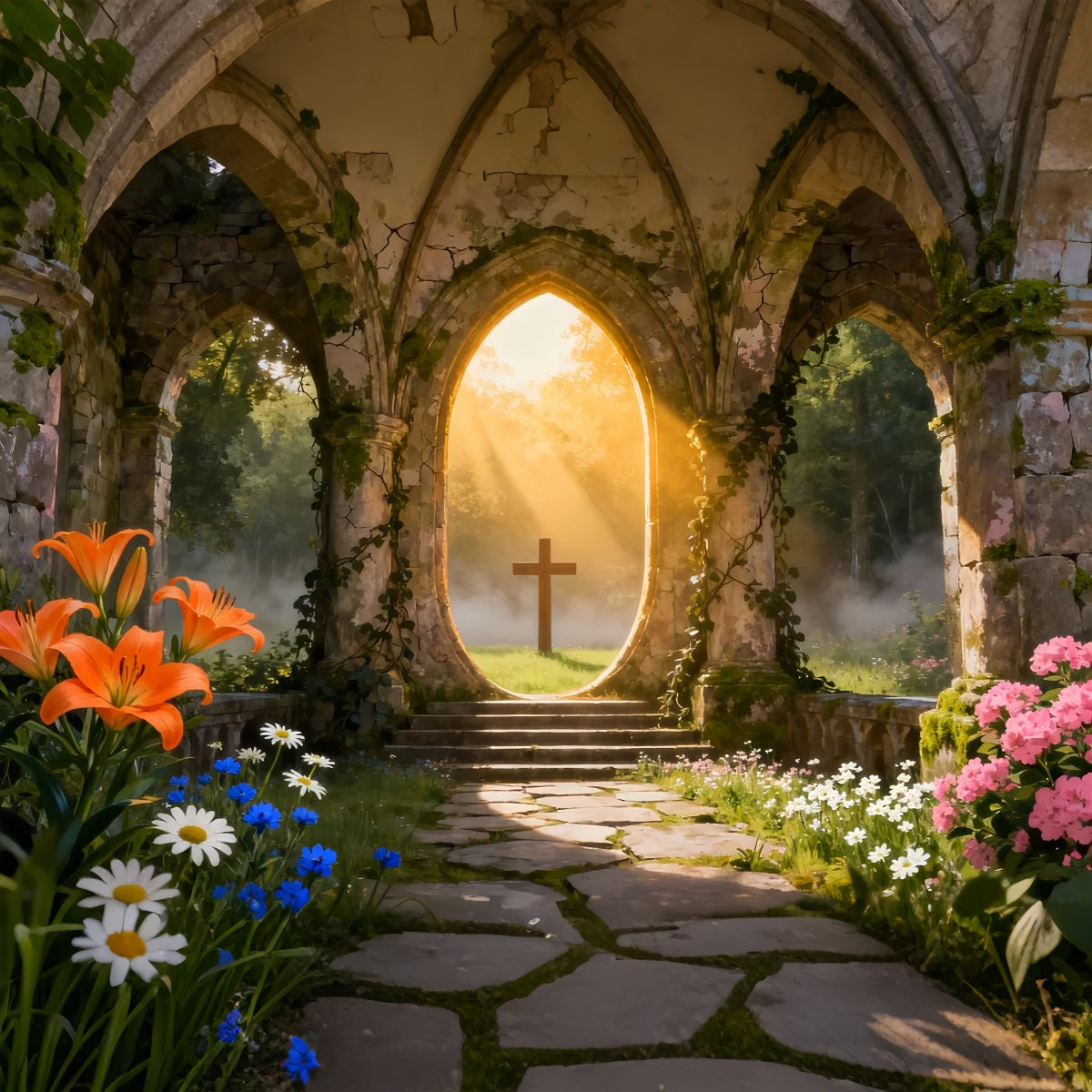 Church Easter Backdrop Ideas Sunlit Ruins Cross Garden Photography Easter Photo Backdrop UK LXX61-63
