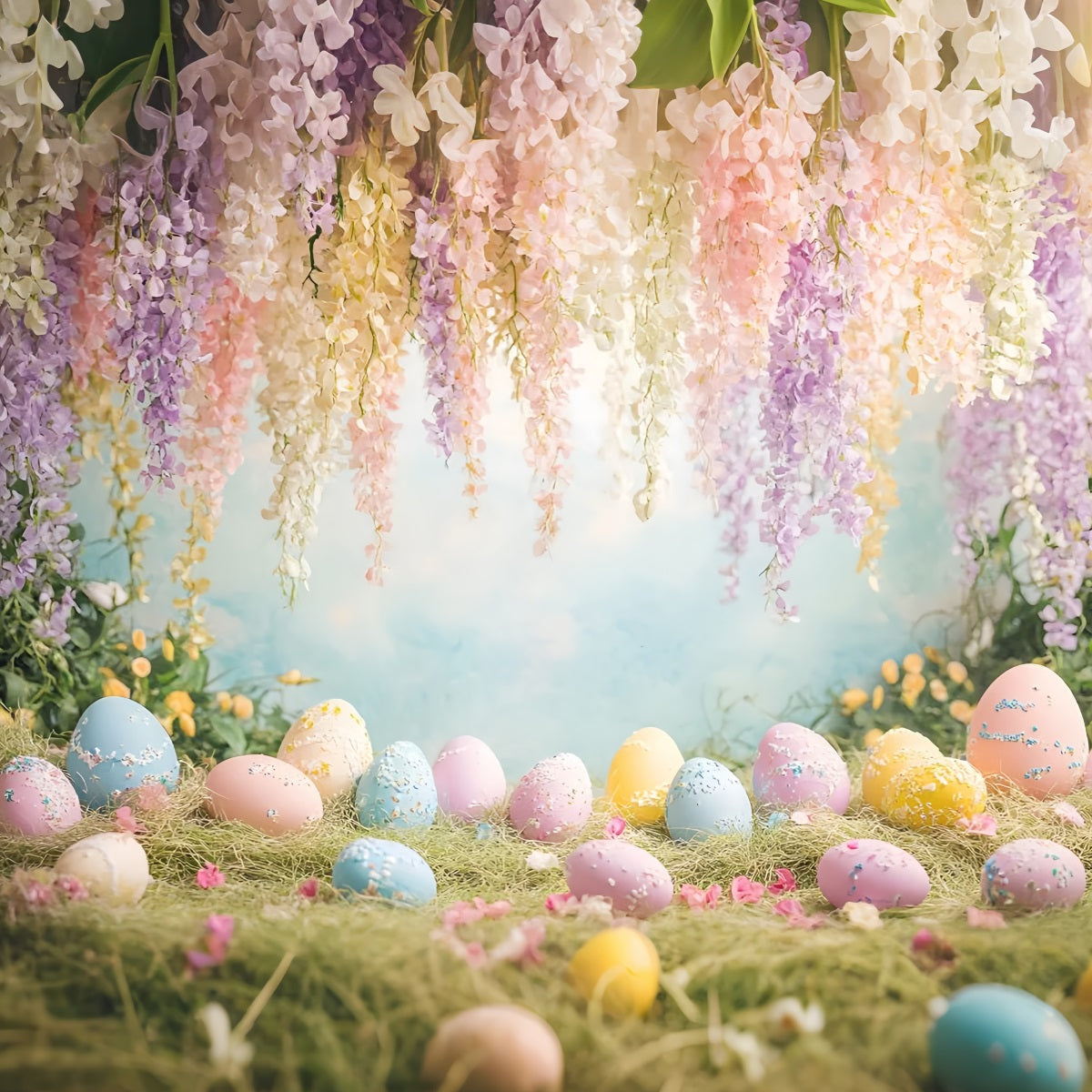 Easter Eggs Backdrop Hanging Wisteria Wildflower Meadow Easter Play Backdrops UK LXX61-66