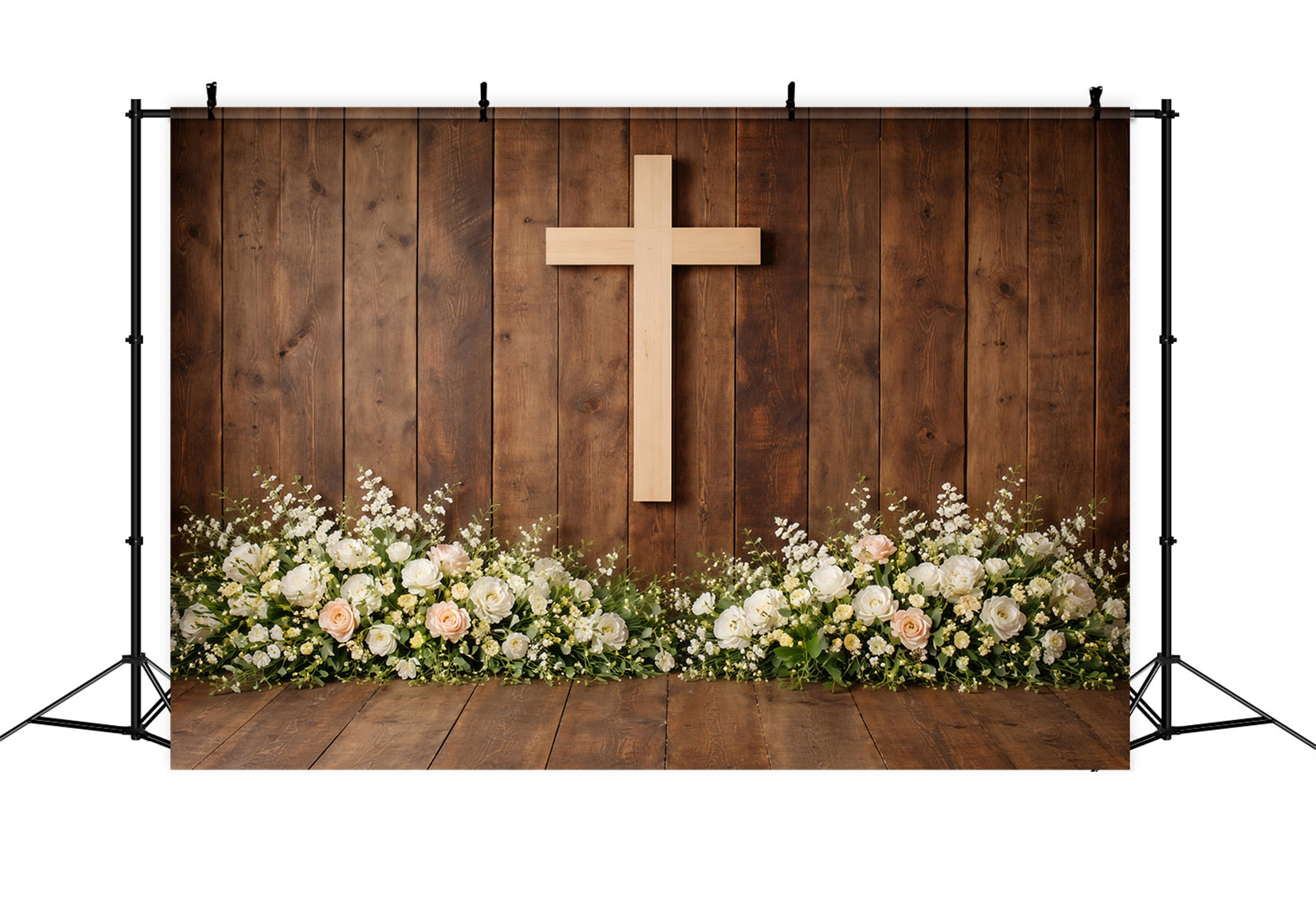 Religious Easter Backdrops Rustic Wooden Cross Floral Base Backdrops For Easter Plays UK LXX61-69