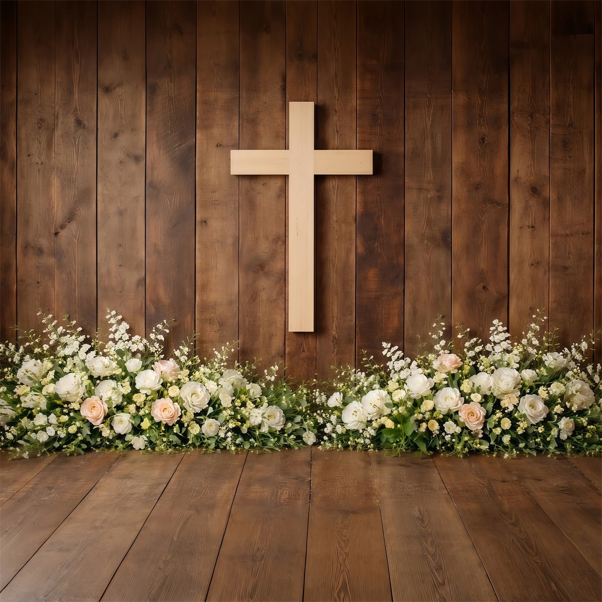 Religious Easter Backdrops Rustic Wooden Cross Floral Base Backdrops For Easter Plays UK LXX61-69