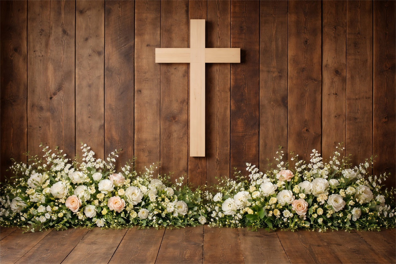 Religious Easter Backdrops Rustic Wooden Cross Floral Base Backdrops For Easter Plays UK LXX61-69