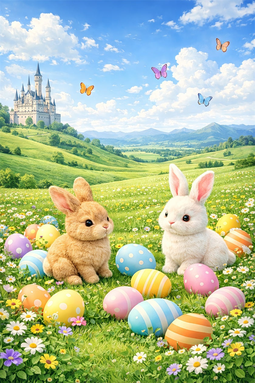 Easter Egg Backdrop Fairytale Meadow Castle Bunny 10x10 Easter Backdrop UK LXX61-76