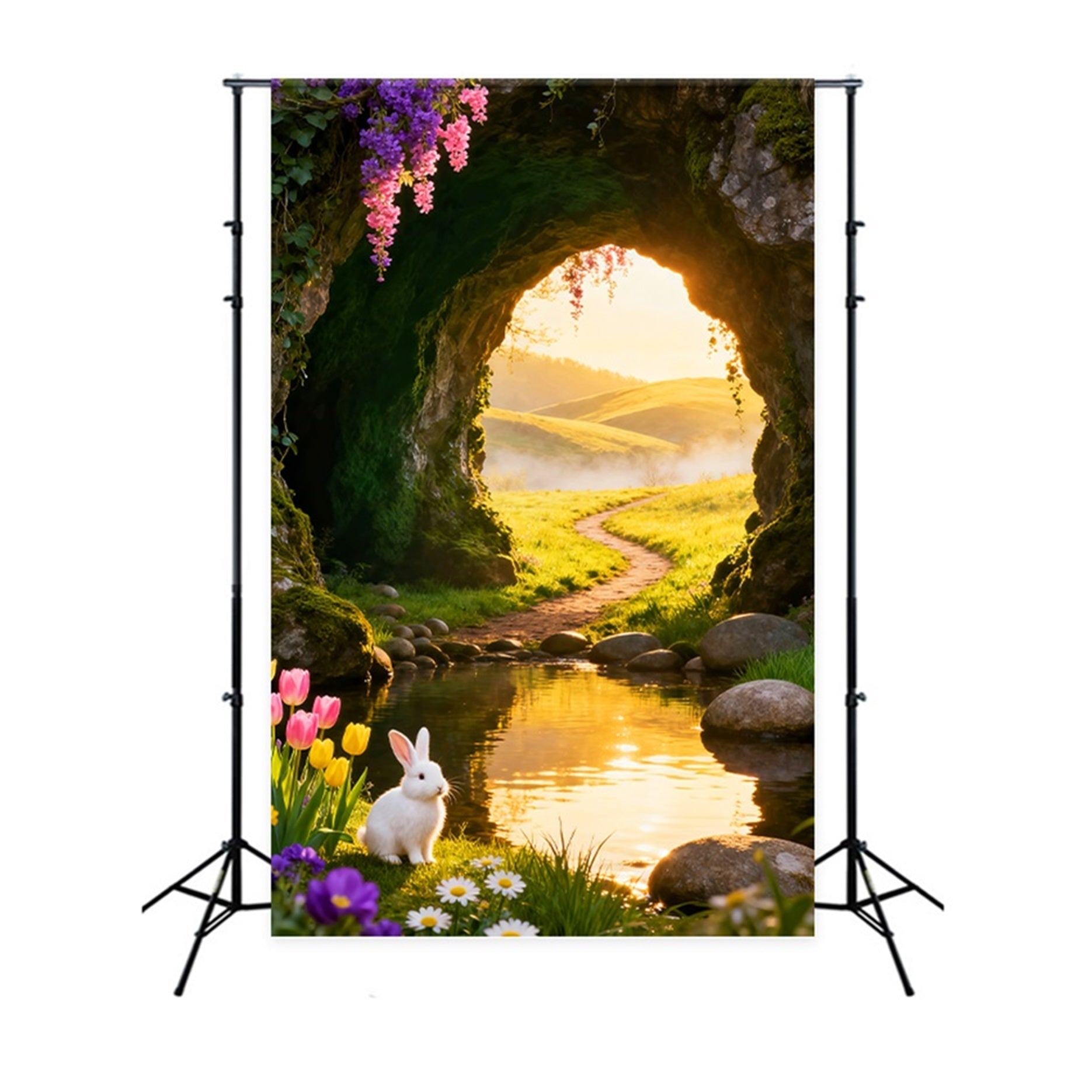 Cute Easter Backdrop Golden Sunrise Cave Meadow Stream Cheap Easter Backdrops UK LXX61-77