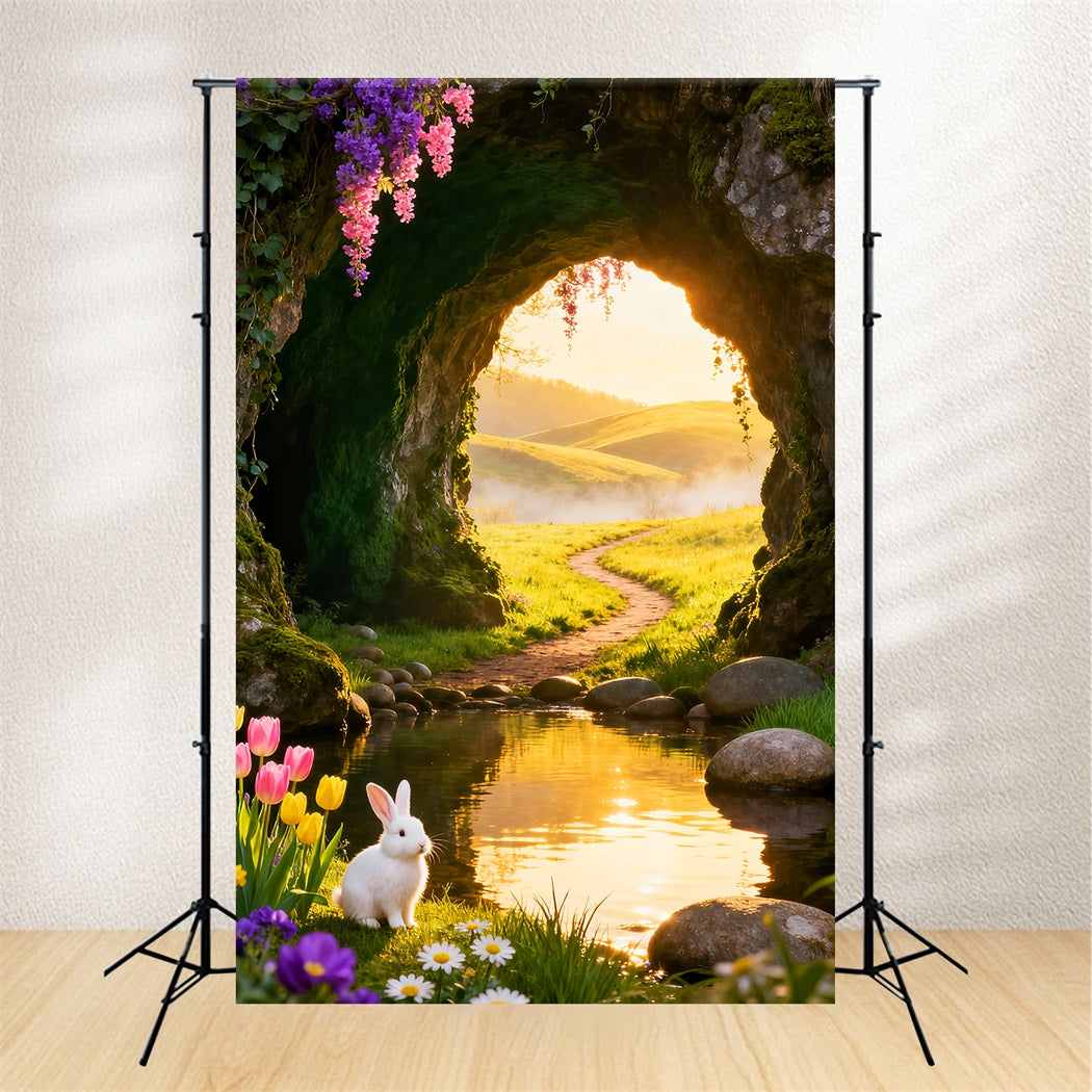 Cute Easter Backdrop Golden Sunrise Cave Meadow Stream Cheap Easter Backdrops UK LXX61-77