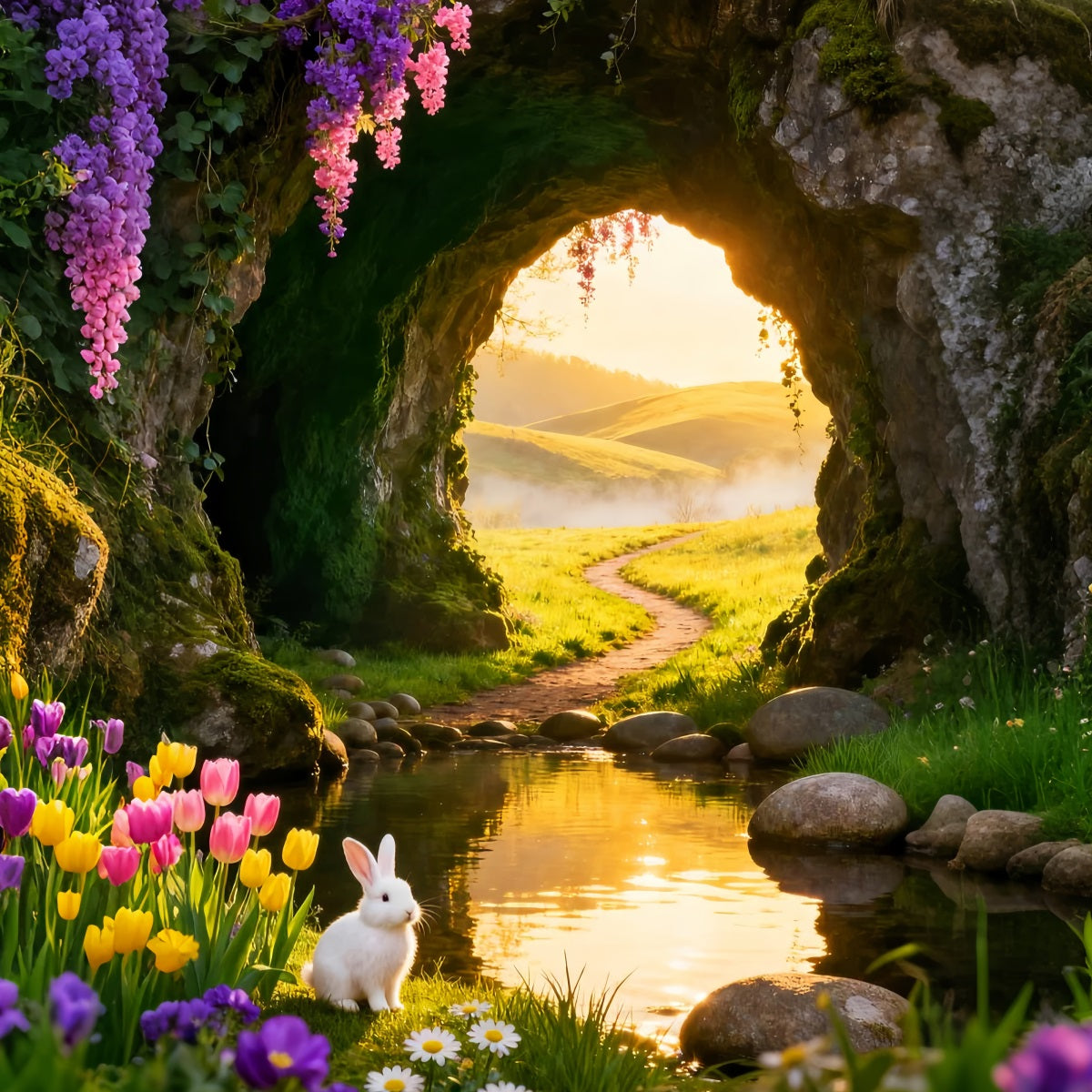 Cute Easter Backdrop Golden Sunrise Cave Meadow Stream Cheap Easter Backdrops UK LXX61-77