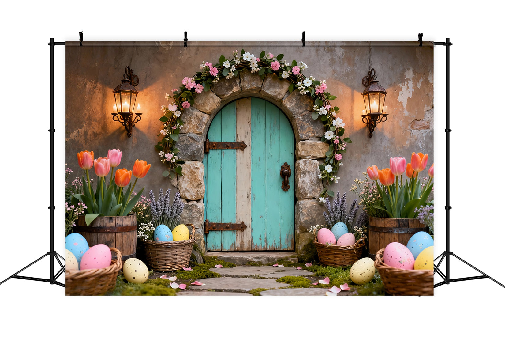 Easter Egg Photo Backdrop Turquoise Door Tulip Basket Easter Backdrops Photo UK LXX61-80