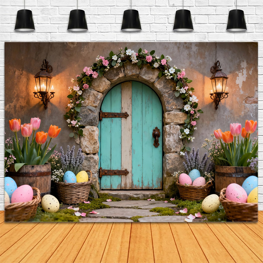 Easter Egg Photo Backdrop Turquoise Door Tulip Basket Easter Backdrops Photo UK LXX61-80
