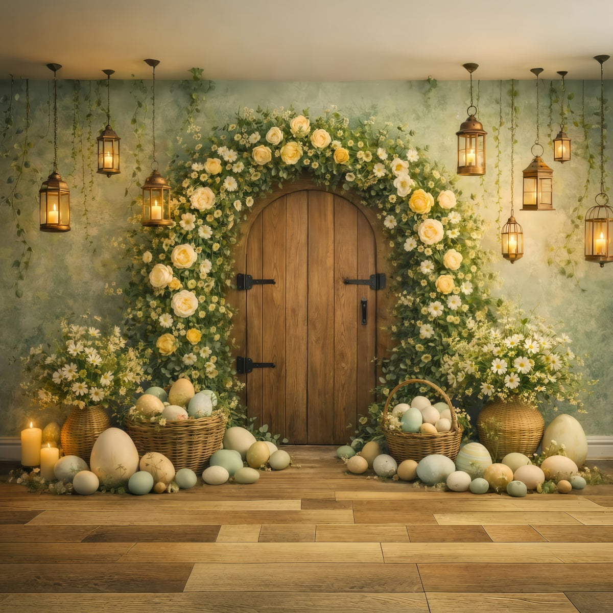 Easter Egg Photo Backdrop Floral Arch Rustic Door My First Easter Backdrop UK LXX61-81