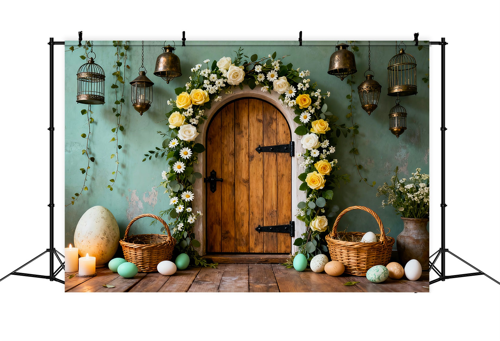 Easter Egg Photo Backdrop Wooden Door Floral Arch My First Easter Backdrop UK LXX61-82